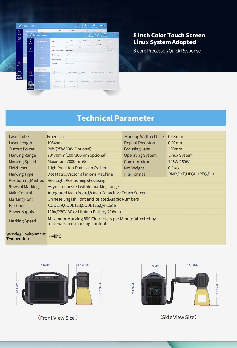 Fiber Laser Marking Machine Pportable printer Specification, Technical Parameters and Features